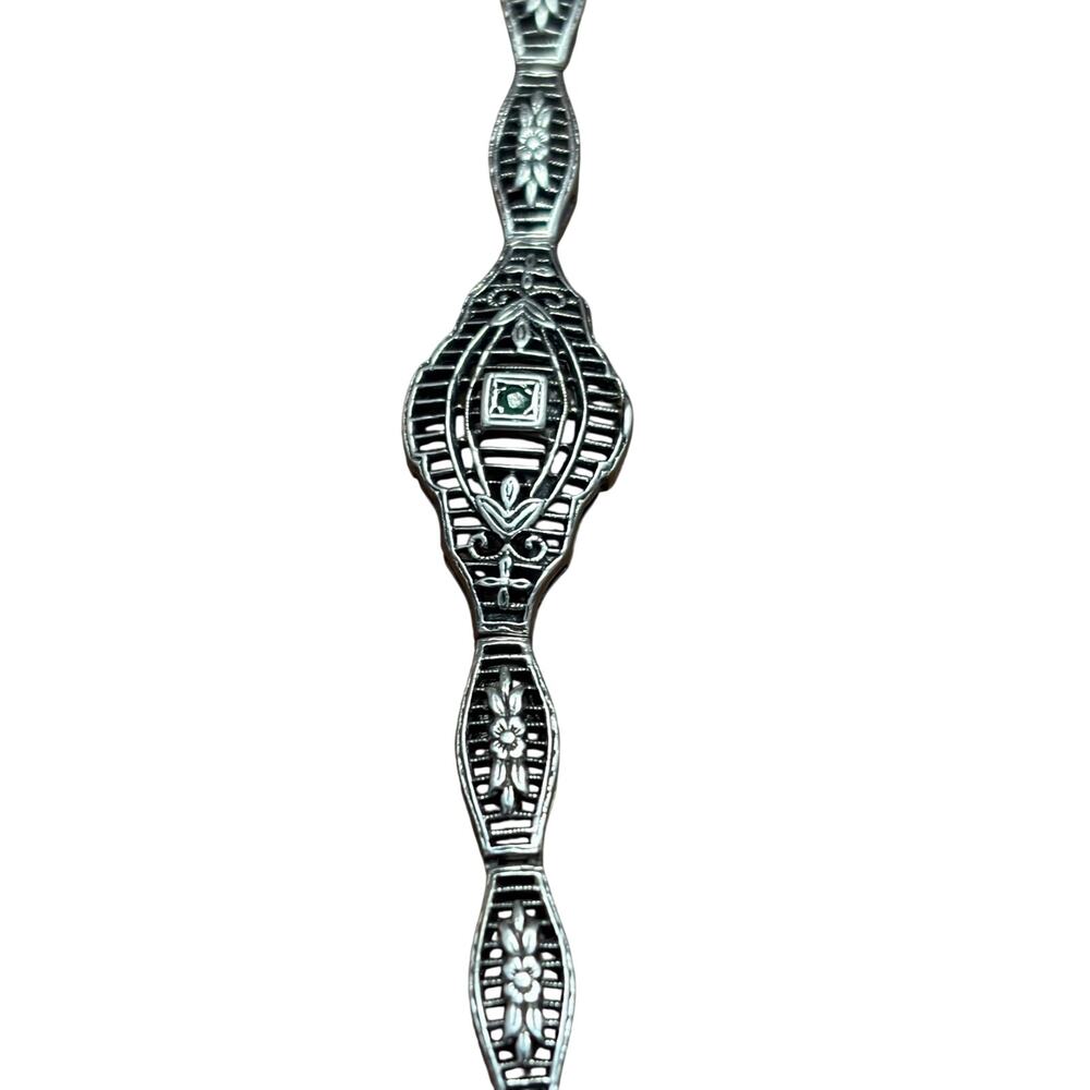 Vintage Art Deco Sterling Silver Enerald Gemstone Filigree Bangle Bracelet 7"